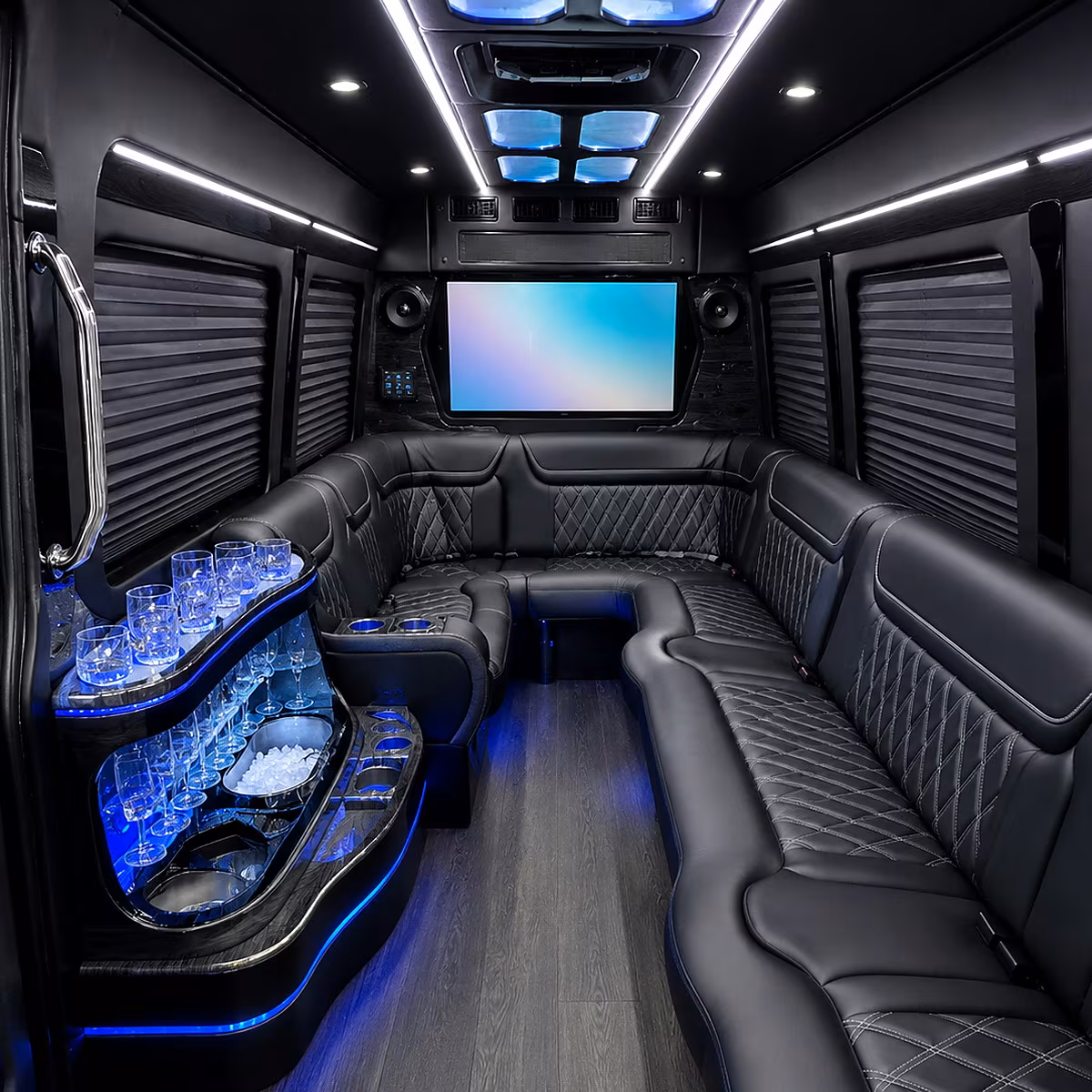 Interior of a party bus rental serving Great Falls